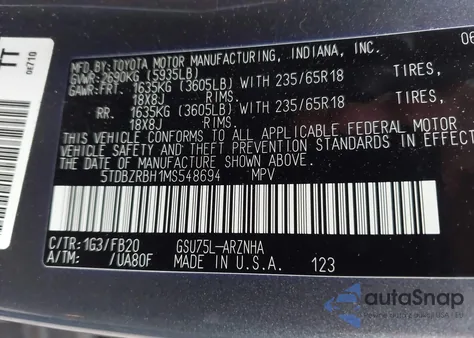 2021 Toyota Highlander Le z USA, uszkodzony, nr VIN 5TDBZRBH1MS548694